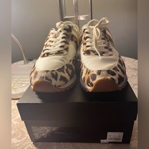Cream and Calf-hair leopard accent sneakers